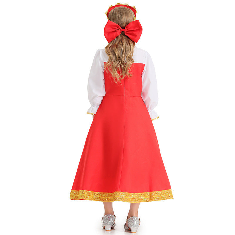 Girl Fairy Tale Costume with Elegant Ruffles and Golden Accents Chichicherry