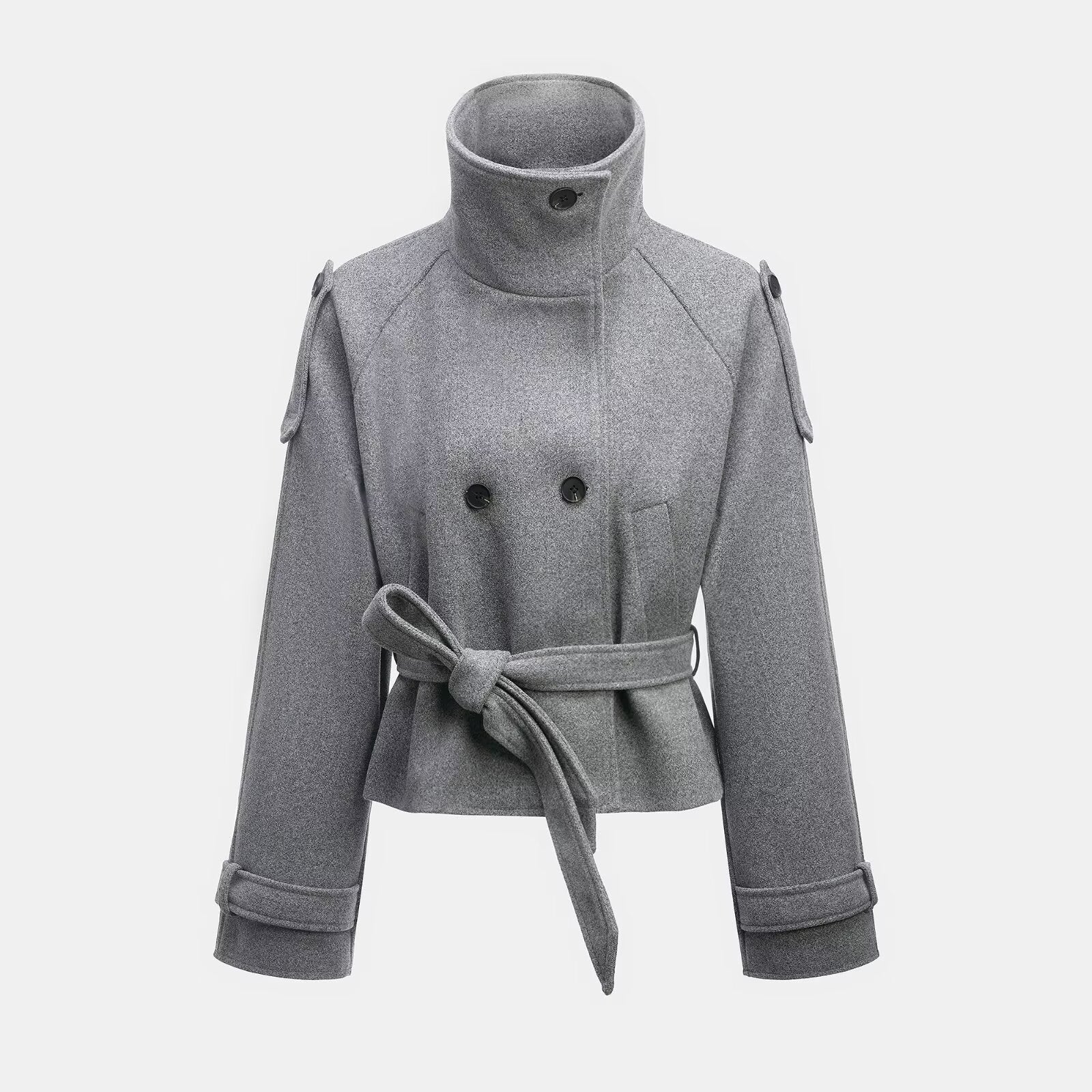 Women's Cropped Wool Blend Short Coat with High Stand-up Collar, Epaulettes, and Waist Belt Chichicherry