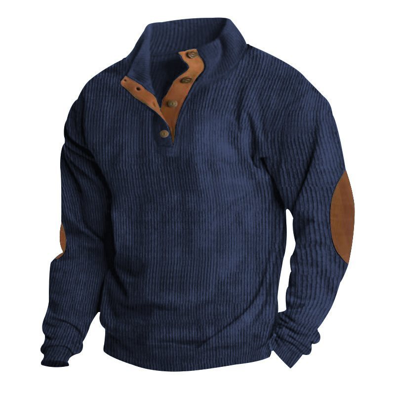 Men's Structured Sweater with Henley Button Placket, Elbow Patches and Two-Tone Block Chichicherry