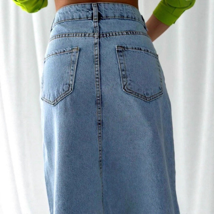 Ladies High-Waisted Maxi Denim Skirt with Asymmetrical Front Seam and Frayed Hem Chichicherry