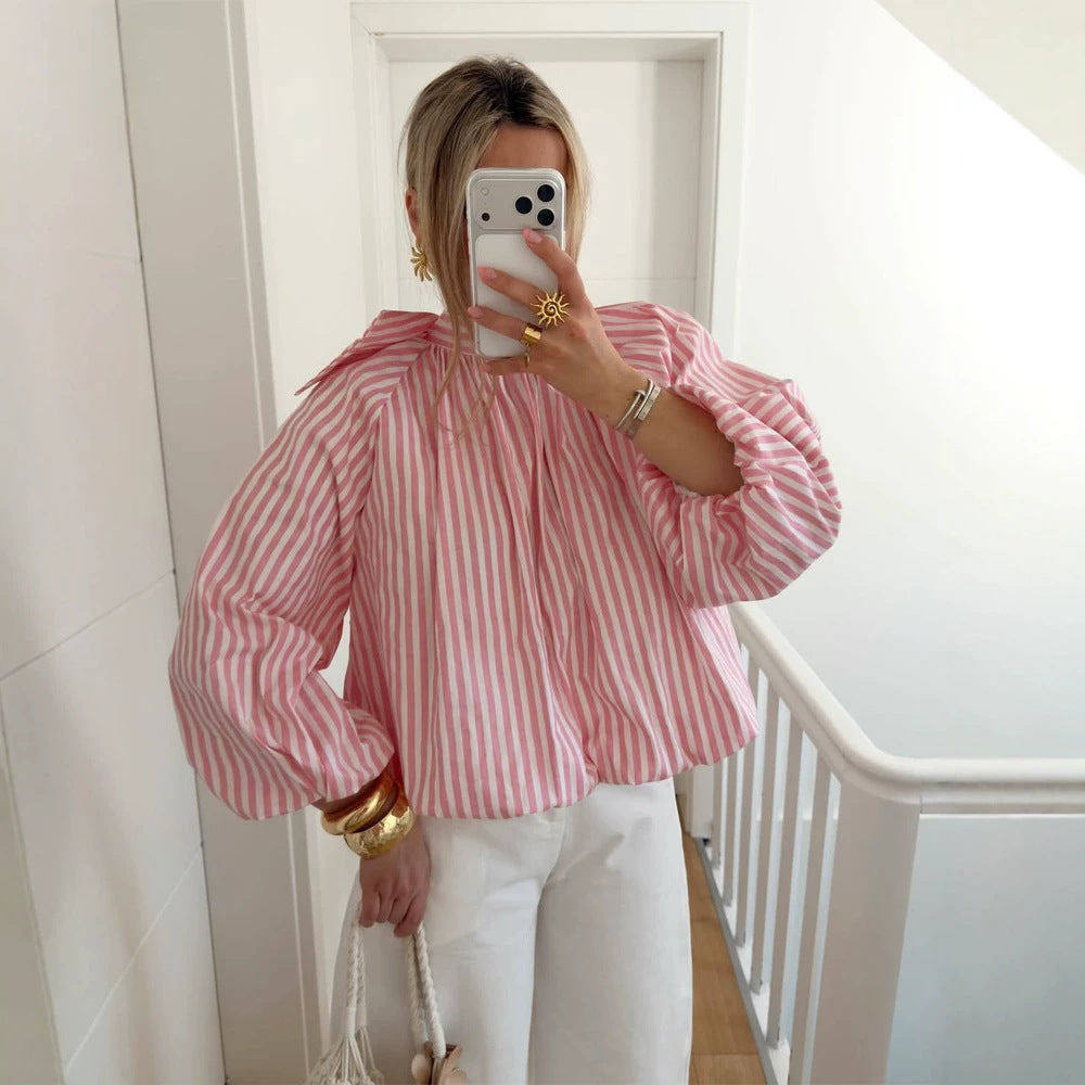 Women Backless Striped Blouse Top with Bow Collar Chichicherry