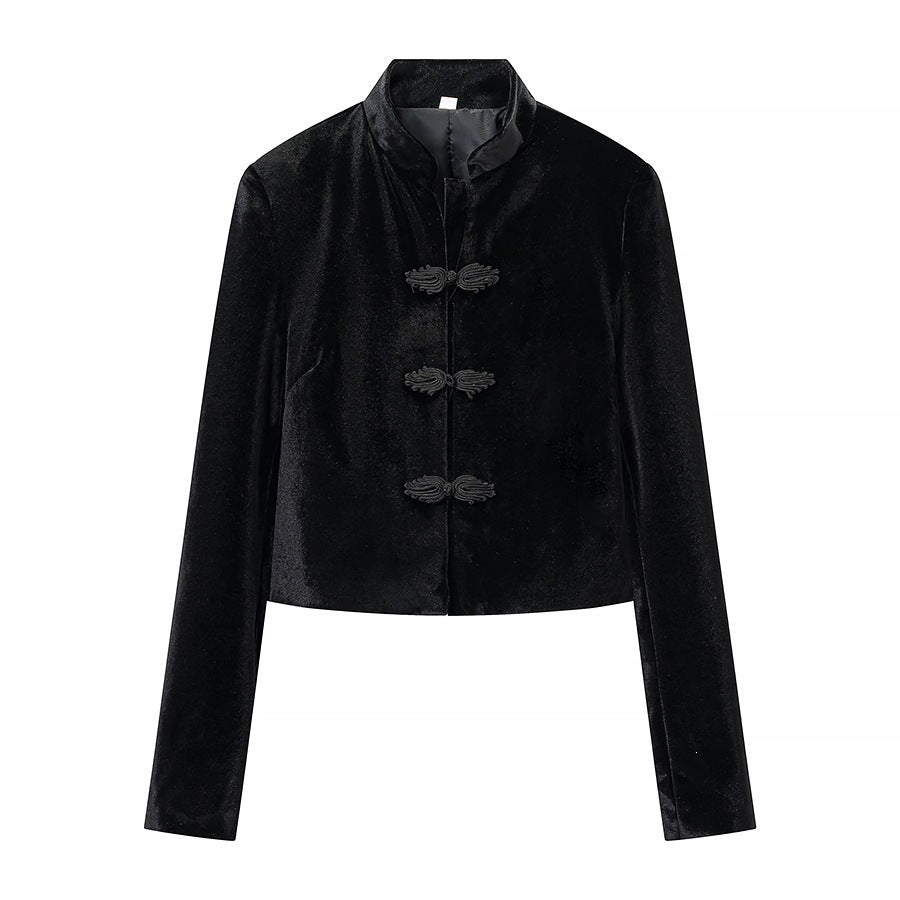 Women's Two-Piece Set with Tailored Short Mandarin Jacket and High-Waisted Pleated Trousers Chichicherry