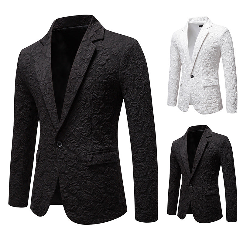 Men's Tailored Single-Button Jacket with Embossed Floral Jacquard Texture and Patch Pockets Chichicherry