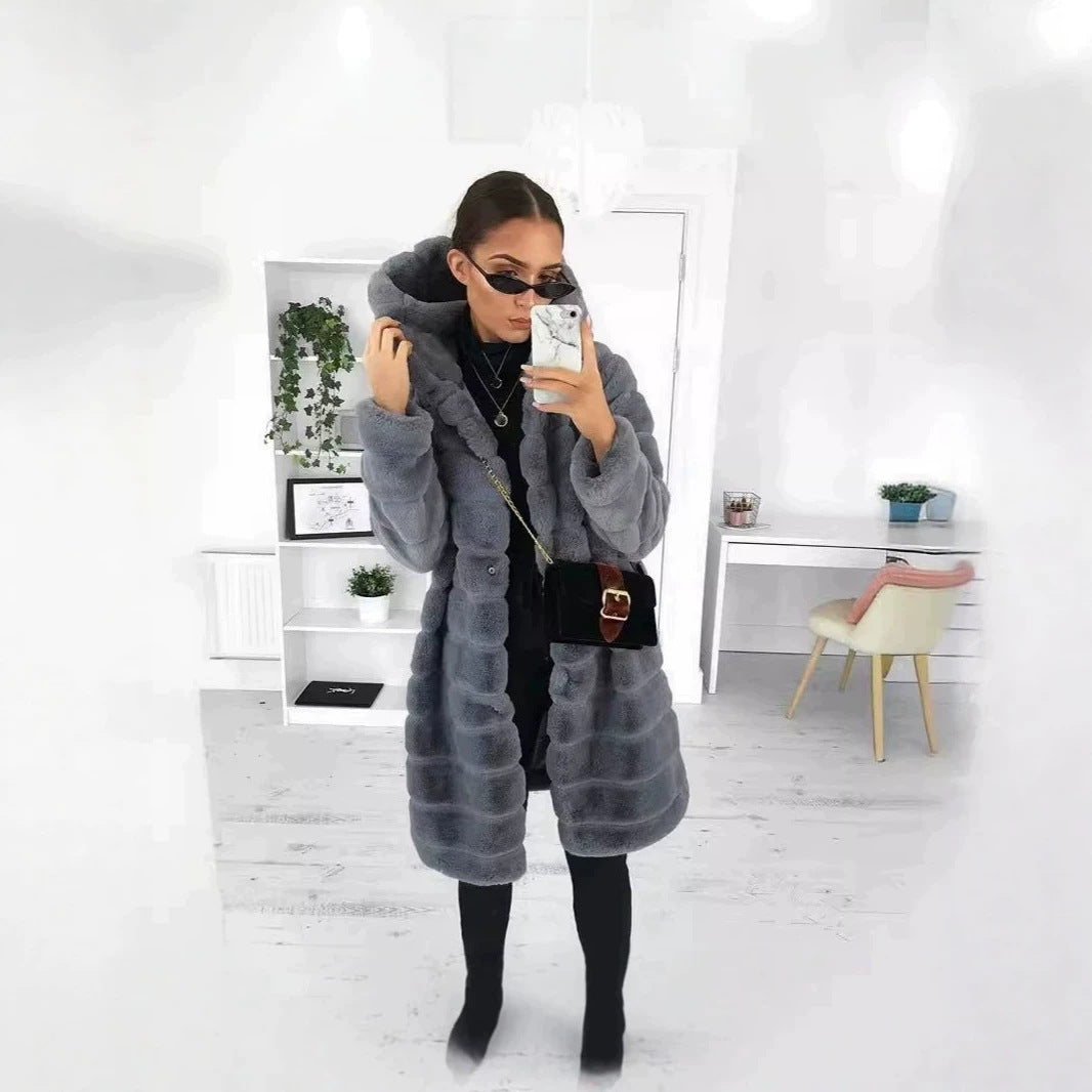 Women's Hooded Faux Fur Coat with Quilted Panel Structure Chichicherry