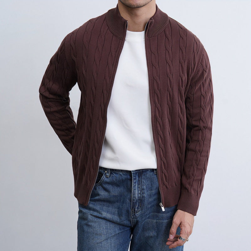 Herren Feiner Zopfmuster-Halbzip-Cardigan mit Rippkragen und silbernem Reißverschluss Chichicherry