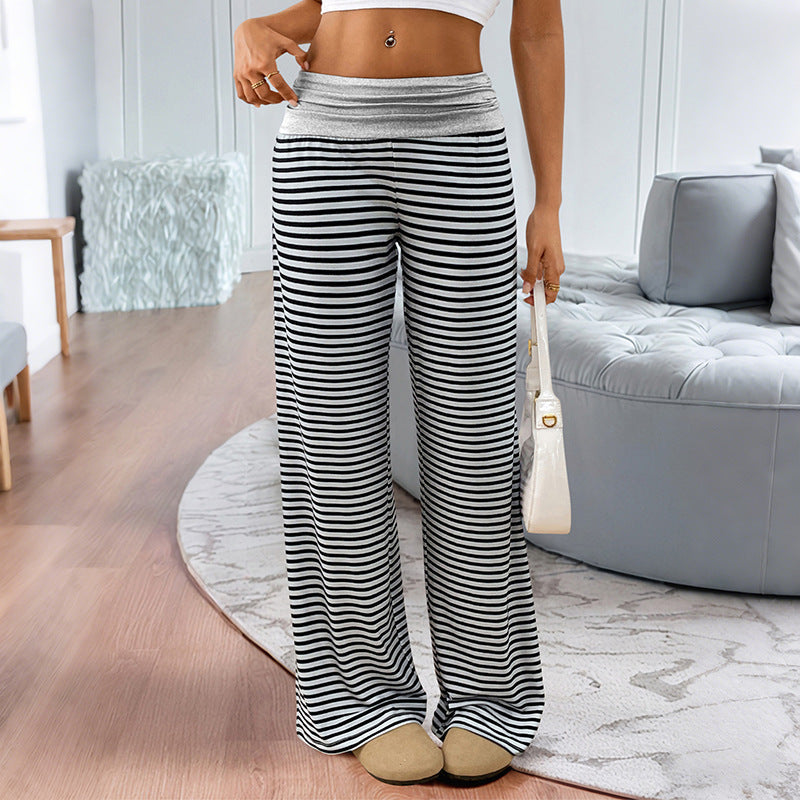 Ladies Striped Lounge Pants with Wide Leg and Elastic Waistband Chichicherry