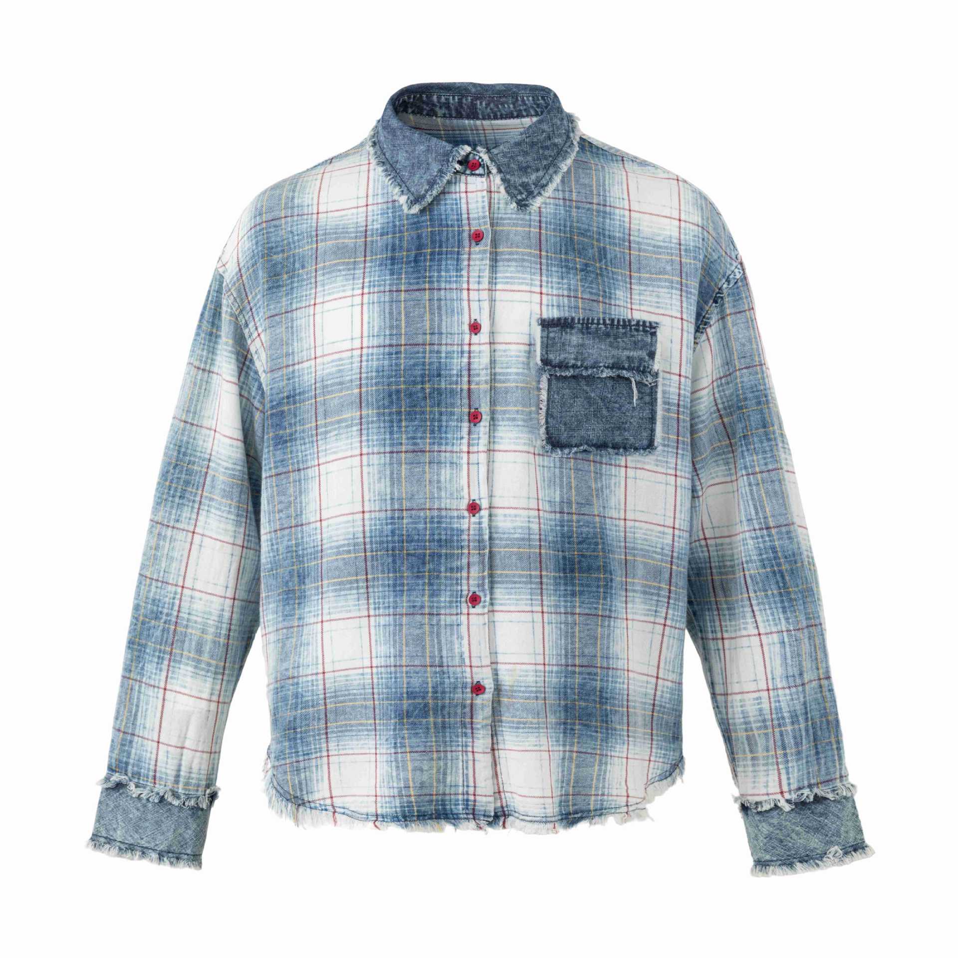 Women's Oversize Checked Shirt Jacket with Denim Applications and Frayed Edges Chichicherry