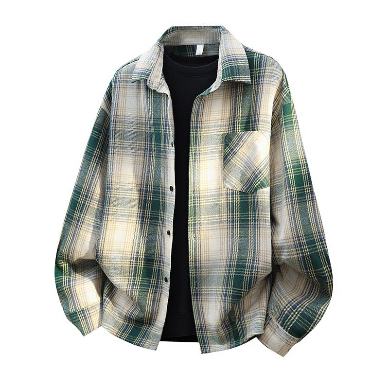 Men's Oversized Checked Flannel Shirt Jacket with Breast Pocket & Rounded Hem Chichicherry