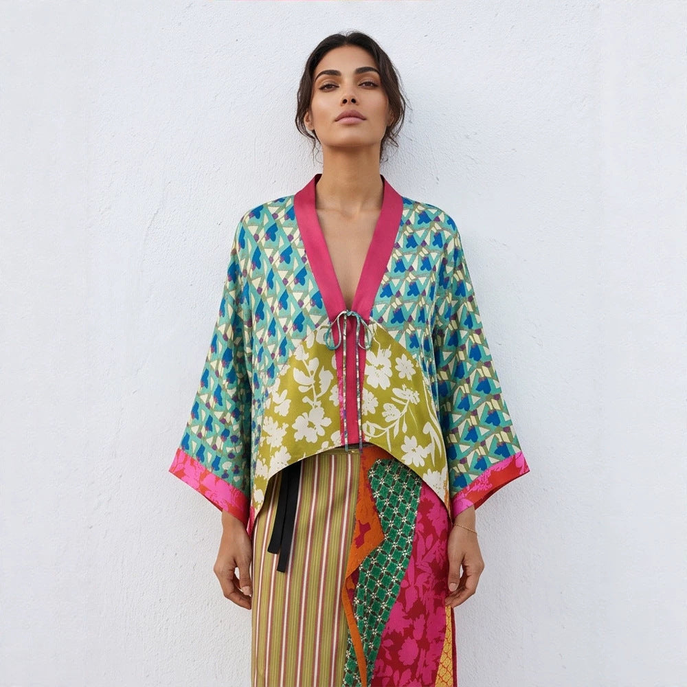 Women's Patchwork Kimono Top made of silk blend with deep V-neck and tie belt Chichicherry