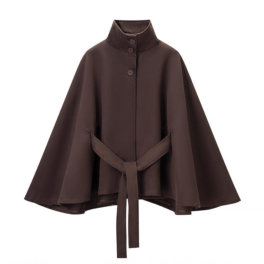Women's Short Cape Coat with Stand-Up Collar, Concealed Button Placket and Tie Belt Chichicherry