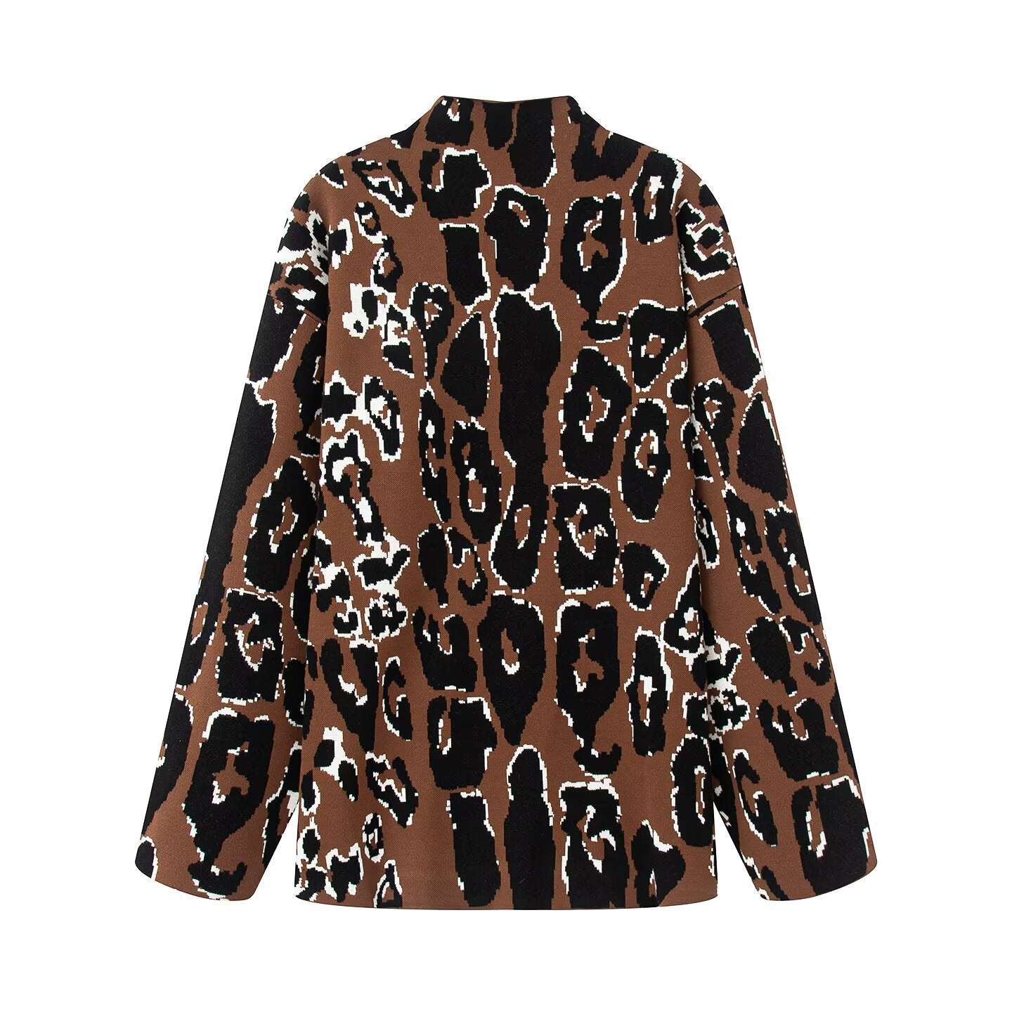 Ladies Oversized Knit Sweater with Stand-Up Collar and Jacquard Leopard Pattern Chichicherry