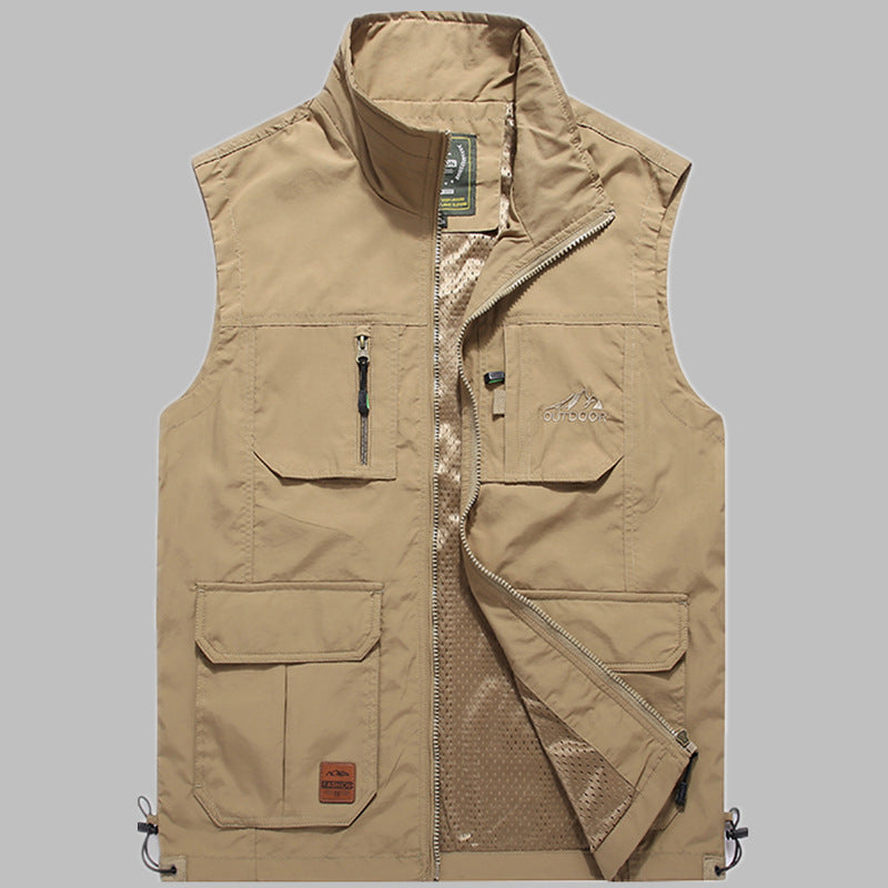 Men's multifunctional outdoor utility vest with zipper, multiple pockets, and breathable mesh lining Chichicherry