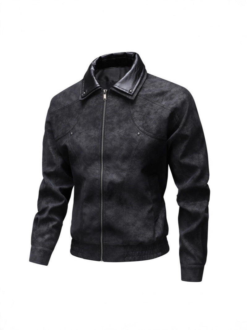 Men's Vintage-inspired Faux Leather Blouson Jacket with Contrast Collar Chichicherry