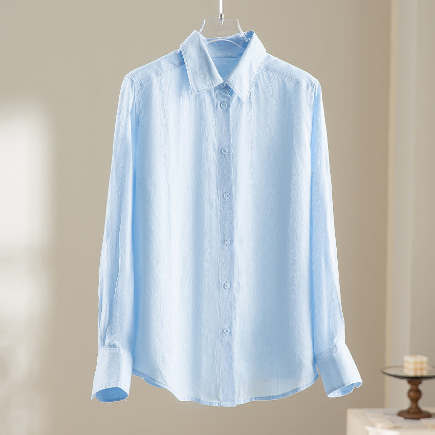 Women Lightweight Oversized Linen Blouse Shirt with Classic Collar and Continuous Button Placket Chichicherry