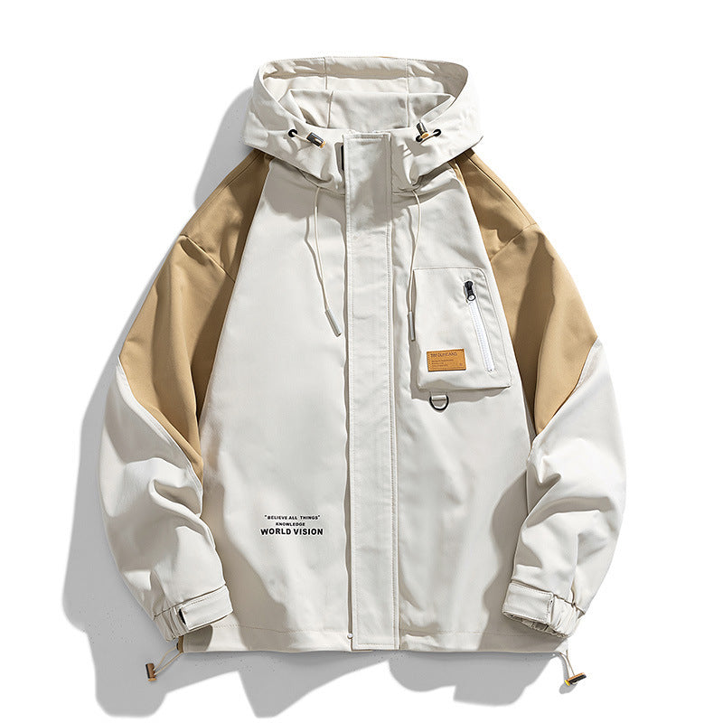 Men Water-Repellent Hooded Field Jacket in Colorblock Utility Design with Chest Pocket Chichicherry