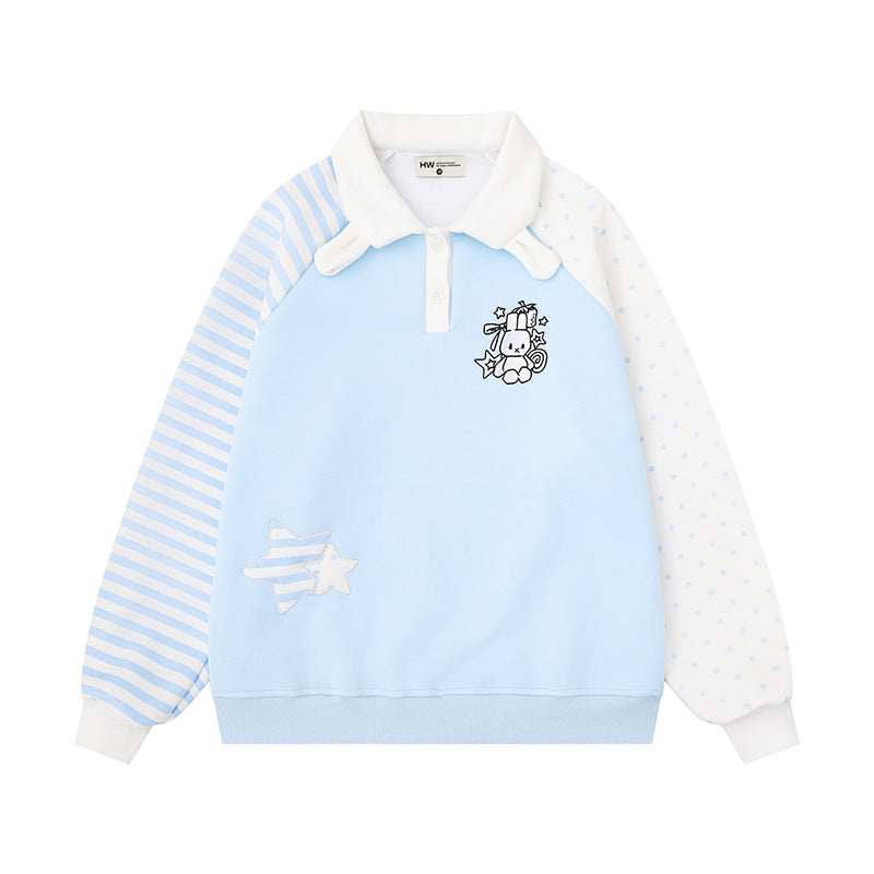 Women's Long Sleeve Polo Sweatshirt in Patchwork Style with Contrasting Sleeves and Star Applications Chichicherry