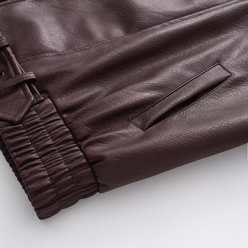 Ladies Oversize Faux Leather Biker Jacket with Asymmetrical Zipper, Belt and Elastic Waist Chichicherry