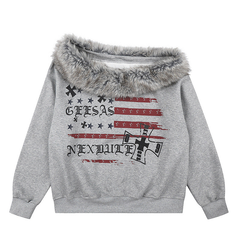 Women's Off-Shoulder Sweatshirt with Fake-Fur Collar, Relaxed Fit and Vintage Flag Print Chichicherry