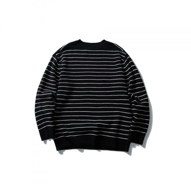 Unisex Oversize Striped Knit Sweater with Round Neck and Ribbed Hem Chichicherry