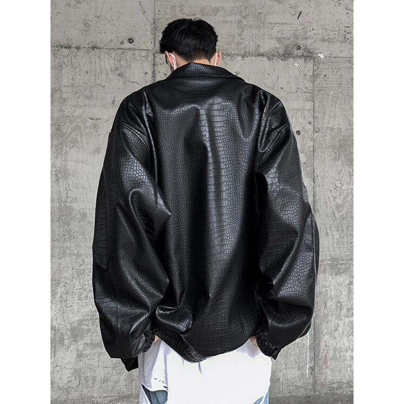 Herren Oversized Kunstlederjacke mit Krokodilprägung und Kontrastpaspel Chichicherry