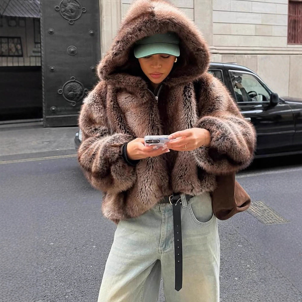 Women's Boxy Faux Fur Hoodie with Voluminous Hood and Loose Silhouette Chichicherry