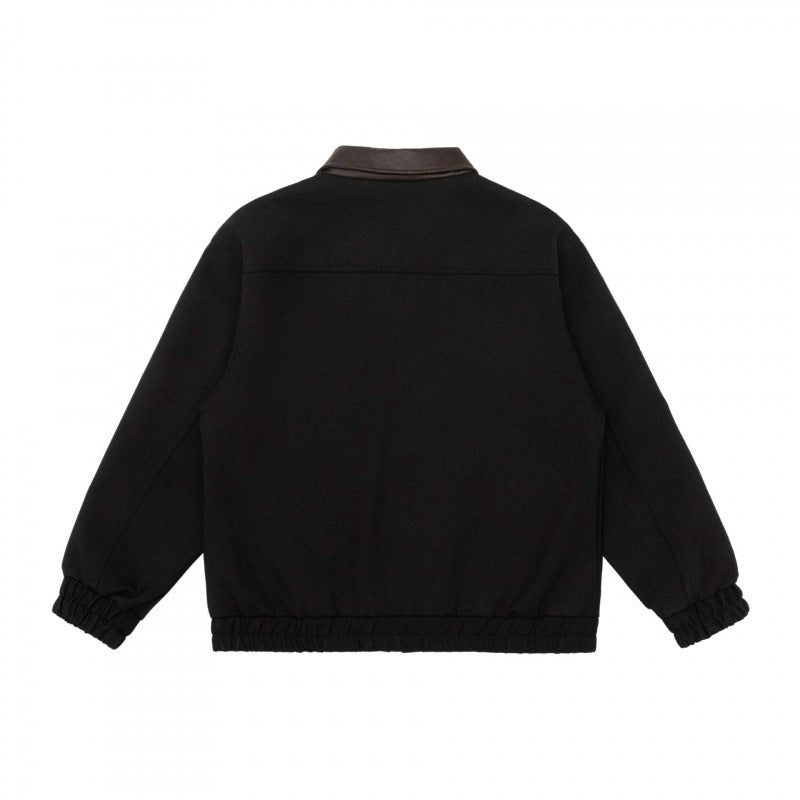 Men's short boxy jacket made of wool blend with contrasting leather collar, zipper and patch pockets Chichicherry