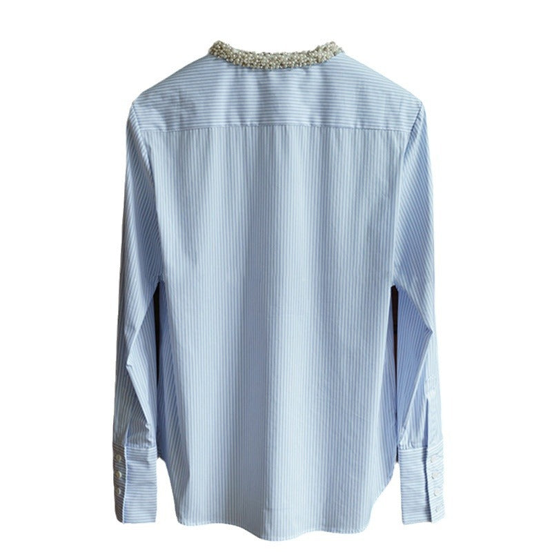 Women Elegant Long Sleeve Blouse with Pearl Decoration Drune