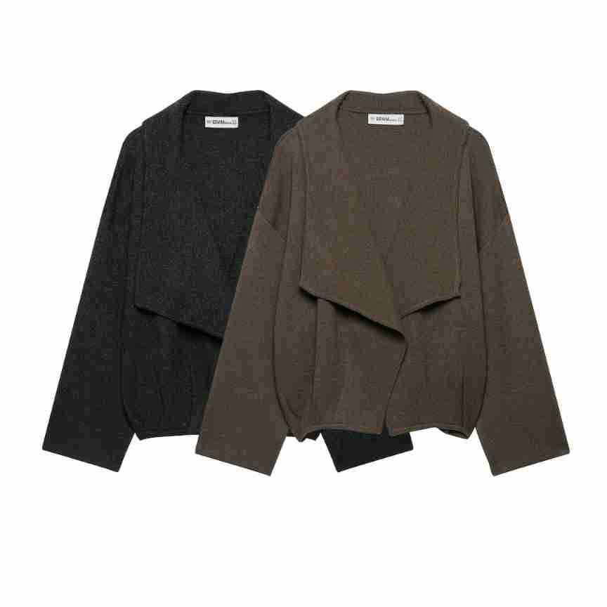 Women's short cut open wool blend cardigan with large shawl collar and boxy cropped silhouette Chichicherry