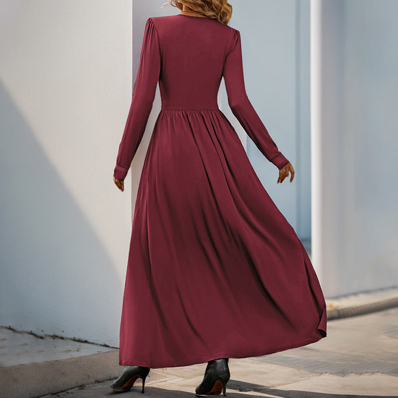 Ladies Flowing Maxi Dress with Lace V-neck, Wrap Waist and Side Slit Chichicherry