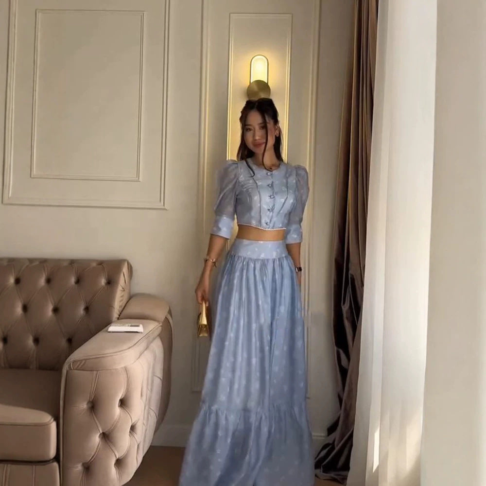 Women's Two-Piece Chiffon Set with Cropped Puff Blouse and Tiered Maxi Skirt Chichicherry