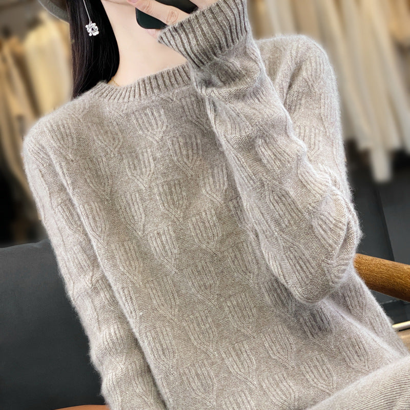Women's Soft Mohair-Look Round Neck Sweater with Raised Tulip Texture Chichicherry