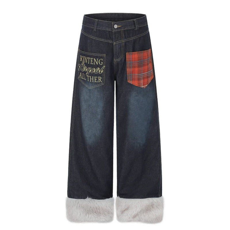 Women wide high-cut denim palazzo pants with check patch pocket and faux fur trim at hem Chichicherry