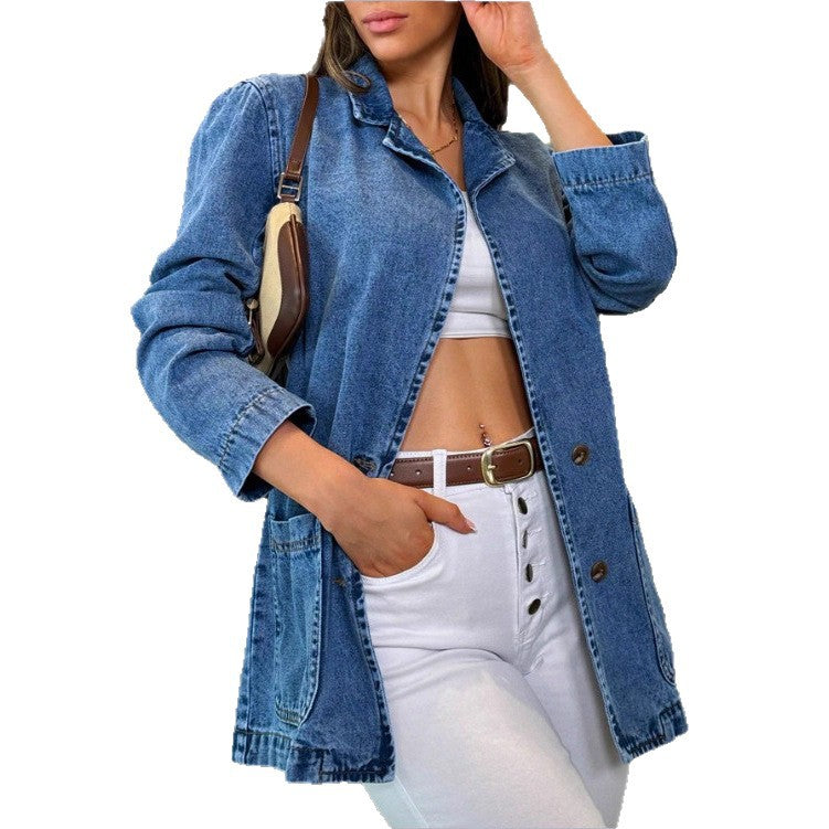 Women tailored denim jacket with stand-up collar, four flap pockets and slightly flared hem Chichicherry