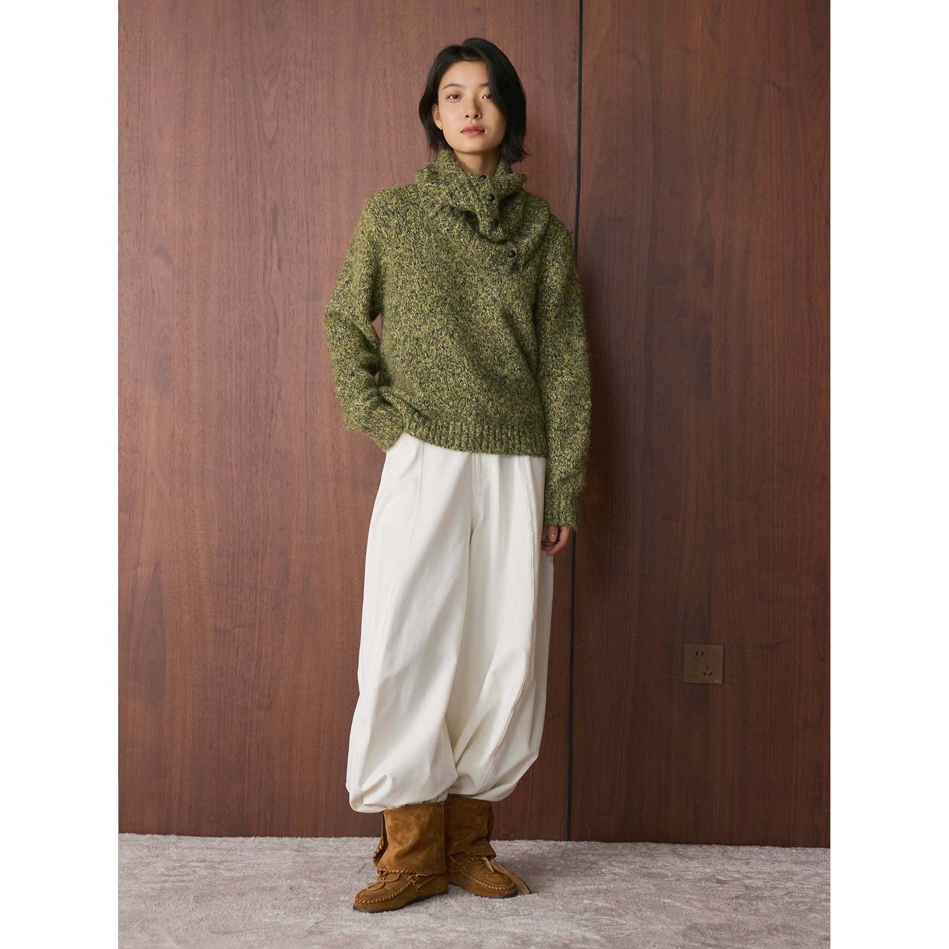 Women’s Fluffy Chunky Knit Sweater with Button Turtleneck Chichicherry