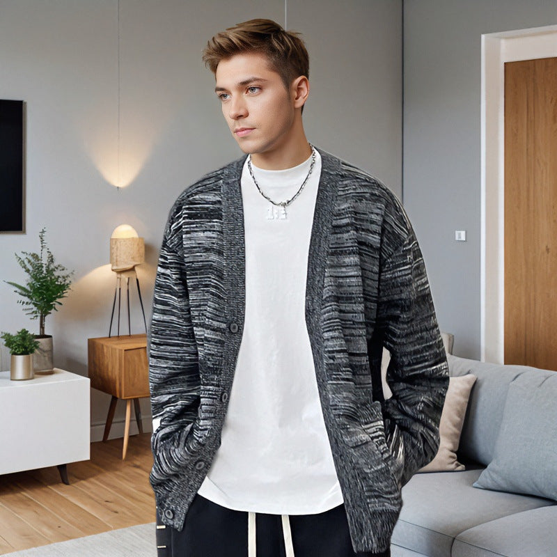 Herren Lockerer Melierter Oversize-Strickcardigan mit Knopfleiste und aufgesetzten Taschen Chichicherry