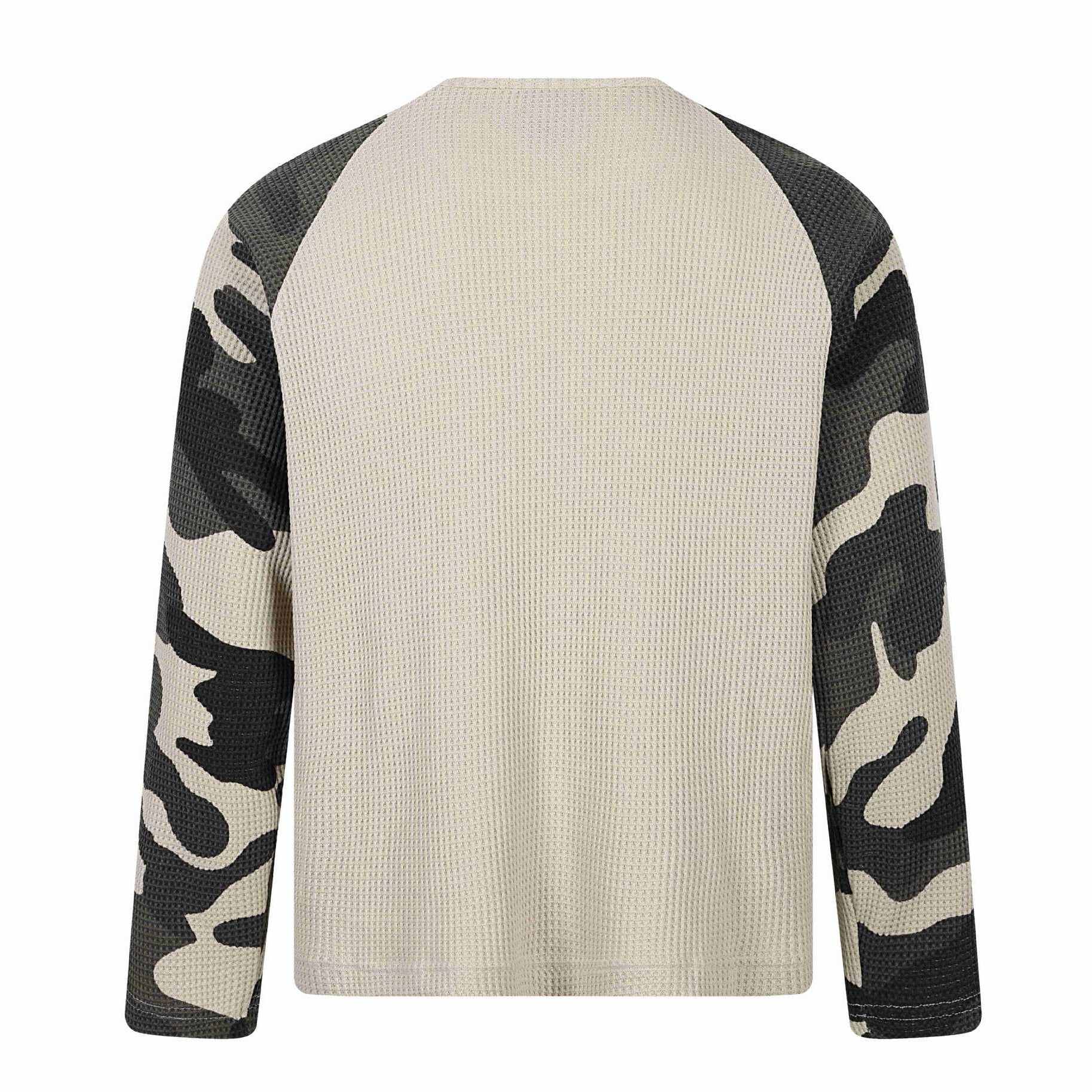 Unisex Waffle Knit Long Sleeve Shirt with Raglan Sleeves and Camouflage Details Chichicherry