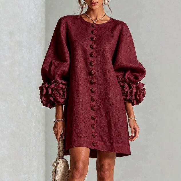 Damen Midikleid mit voluminösen Puffärmeln, 3D-Blütenknopfleiste und Leinenstruktur Chichicherry