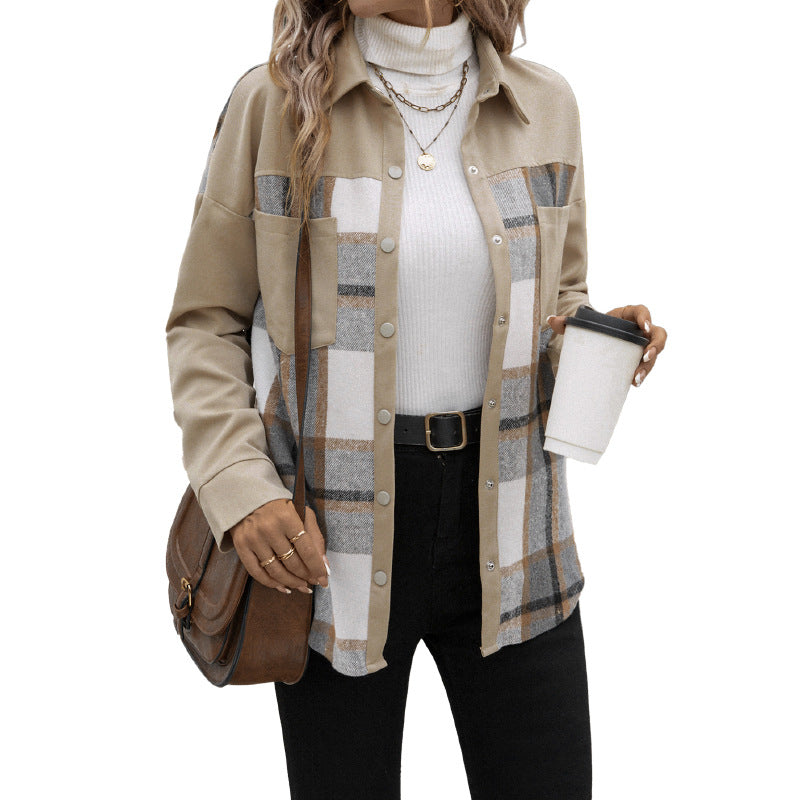 Women’s Oversized Shirt Jacket with Checked Front Panel, Snap Button Closure and Patch Chest Pockets Chichicherry