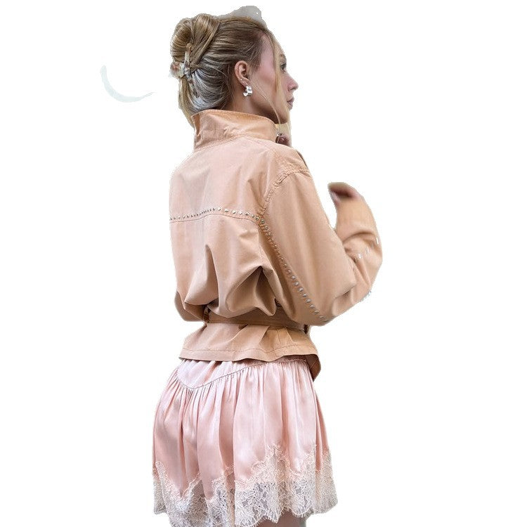 Women's satin lace mini skirt with luxurious shine and delicate lace trim Chichicherry