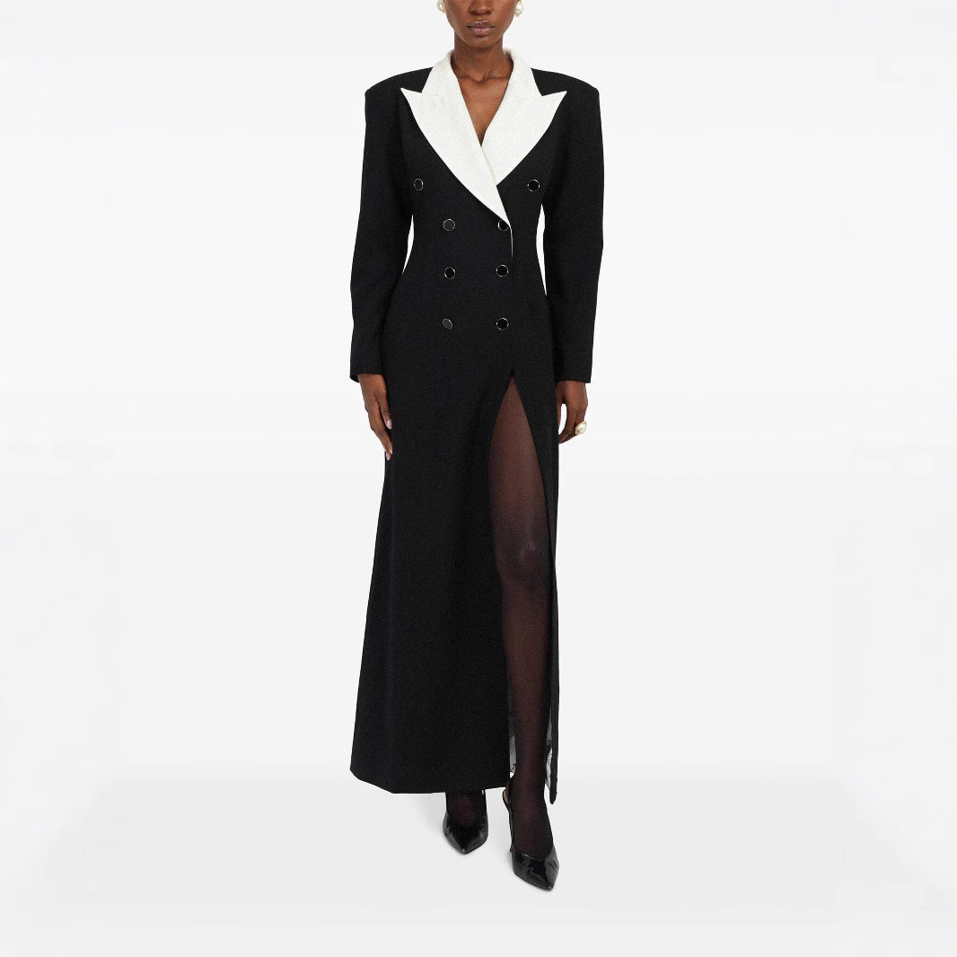 Women's Double-Breasted Long Blazer Dress with Tailored Silhouette and Contrast Lapels Chichicherry