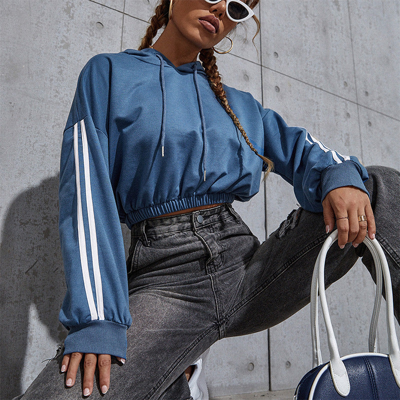 Women's short-cut hooded crop sweatshirt with drawstring, elastic hem, and contrast stripes Chichicherry