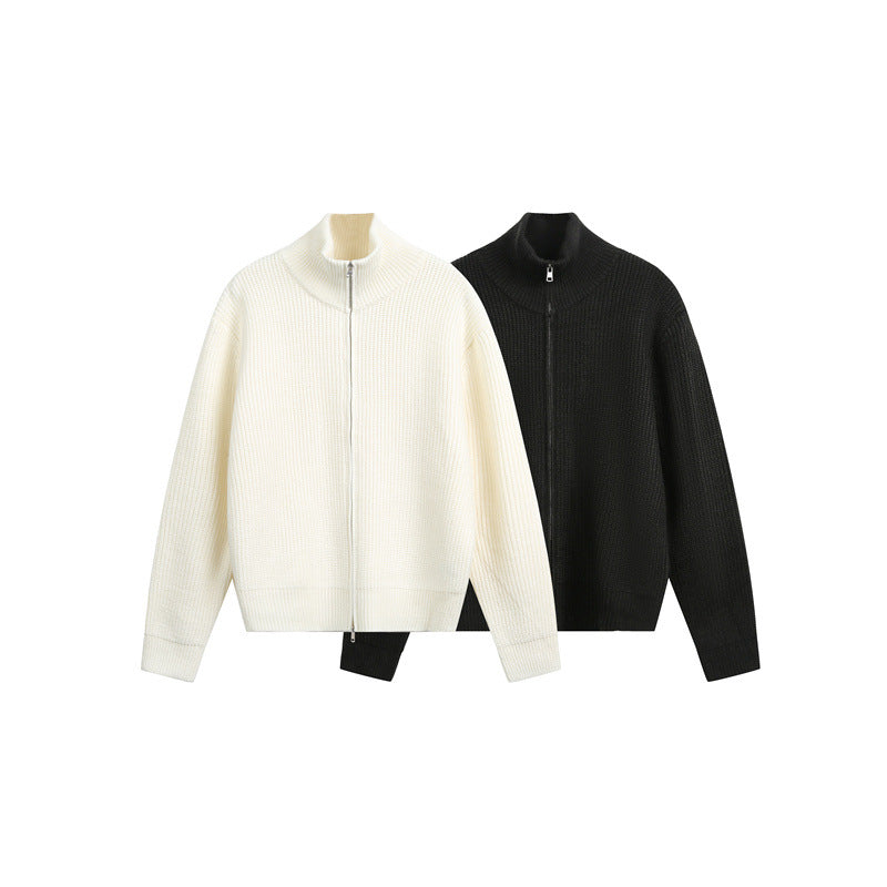 Women's chunky knit zip jacket with stand-up collar and two-way zipper Chichicherry