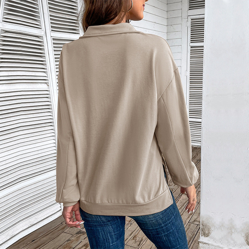 Women's Lightweight Half-Zip Sweatshirt in Relaxed Fit with Kangaroo Pocket and Stand-Up Collar Chichicherry