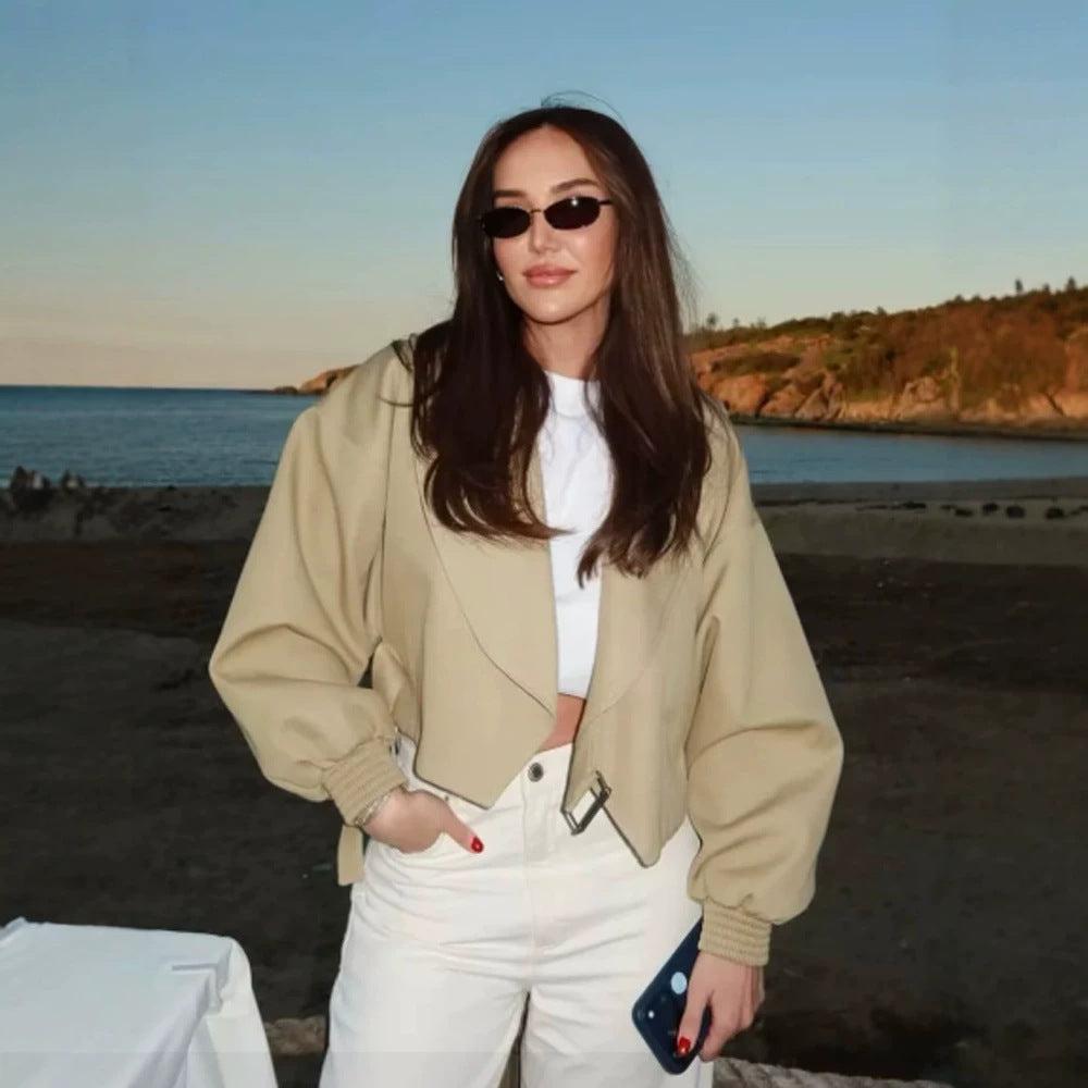 Women’s Short Blouson with Boxy Cropped Silhouette, Balloon Sleeves and Buckle Detail Chichicherry