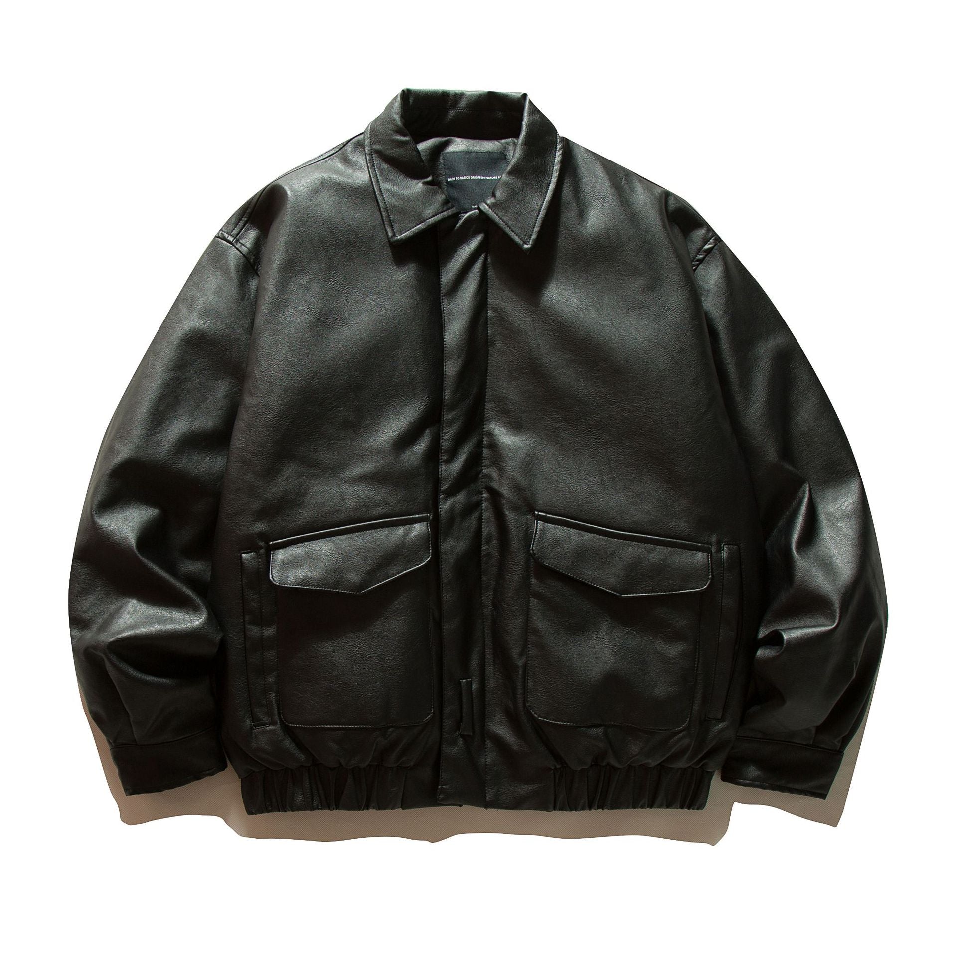 Men's Boxy Faux Leather Blouson with Flap Pockets and Elastic Hem Chichicherry
