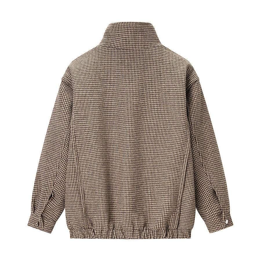 Women's Short Oversized Transitional Jacket in Houndstooth Pattern with Stand-Up Collar and Elastic Hem Chichicherry