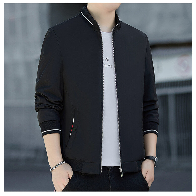 Men's Minimalistic Softshell Bomber Jacket with Stand Collar and Contrast Stripe Cuffs Chichicherry