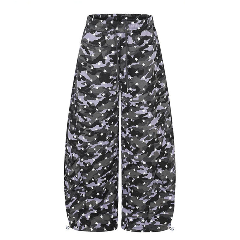 Women's casual palazzo pants in balloon cut with camouflage star print and adjustable hem drape