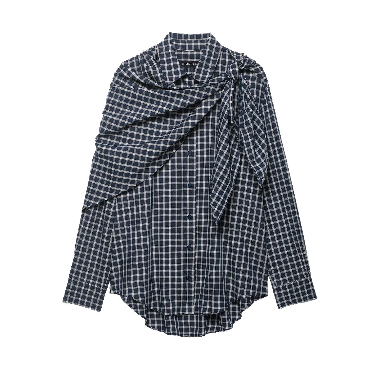 Women Oversize Shirt Blouse with Integrated Shoulder Scarf and Vichy Check Chichicherry