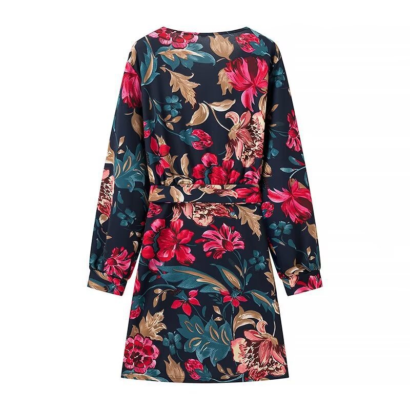 Women’s Wrap Mini Dress with Allover Floral Print, V-Neck and Waistband Chichicherry